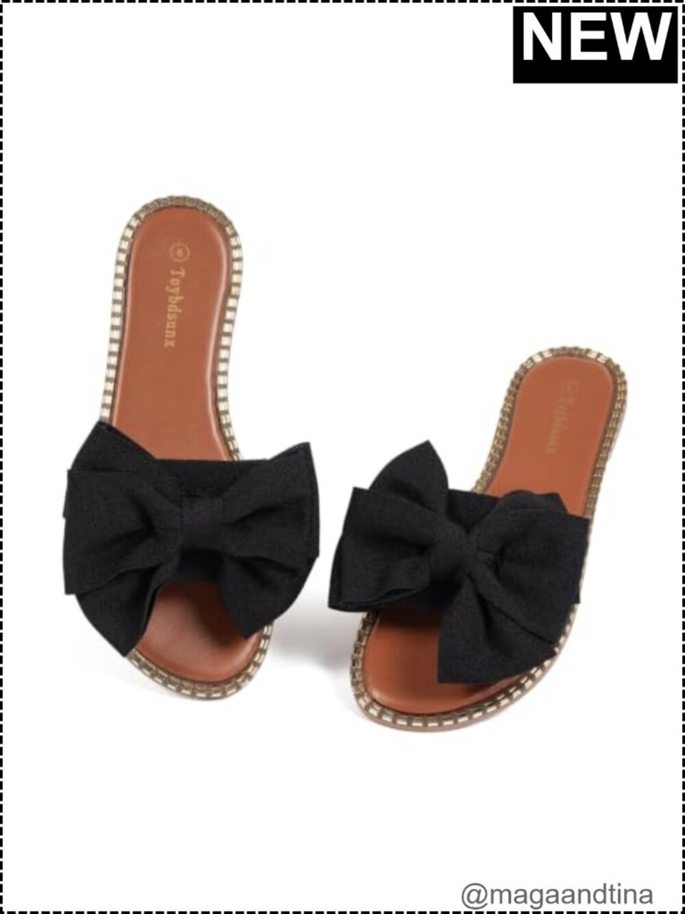 Women's Flat Slide Sandals with Bow - Cushioned Comfort, Slip-On, Waterproof,